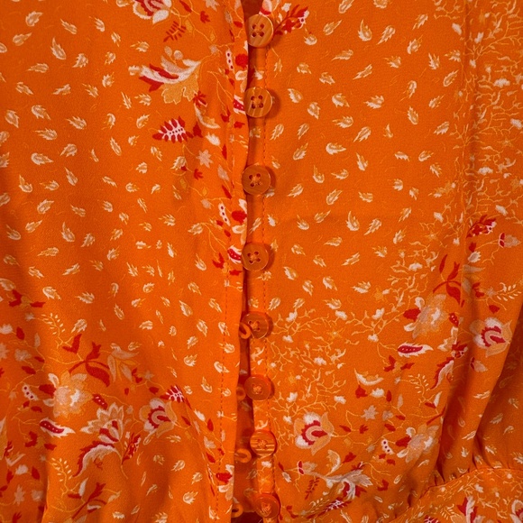 Joie Orange w/ Small Floral Print Crop Top with Elbow Length Puff Sleeves Size L - Picture 3 of 6